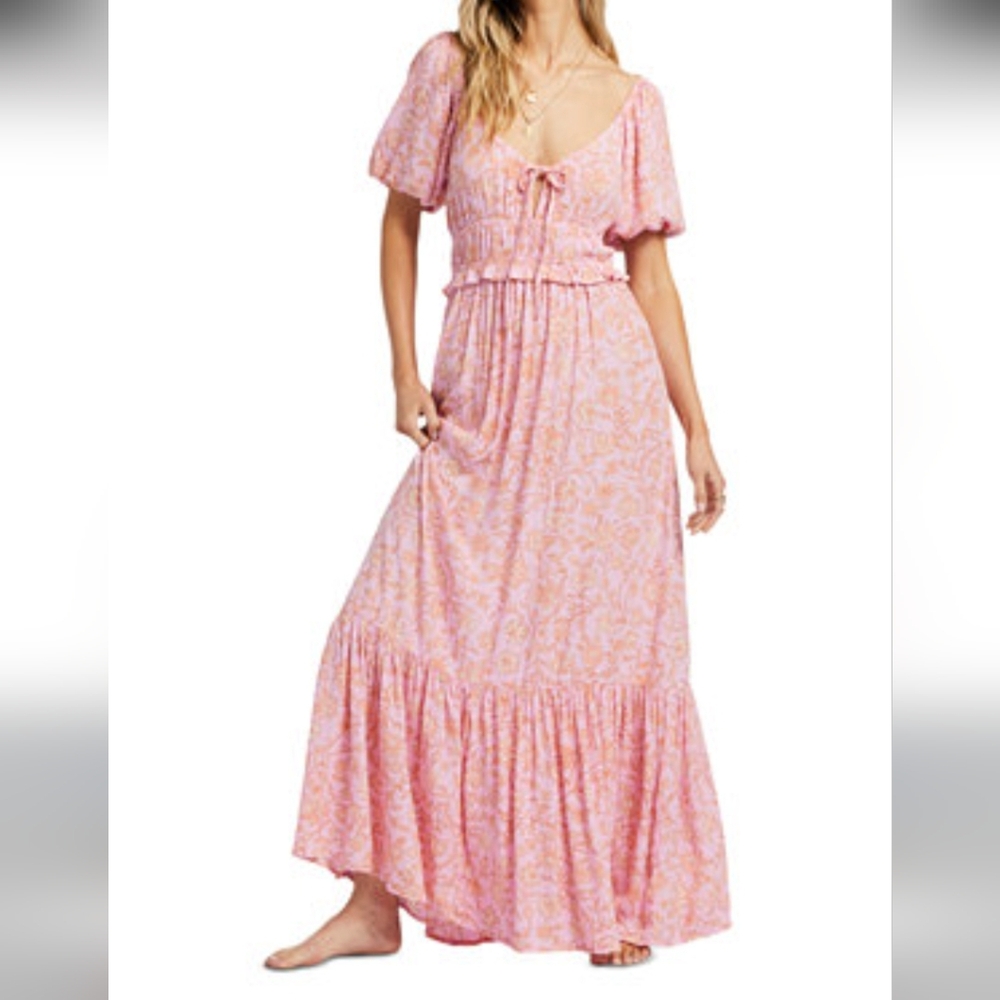 ❤️ Billabong Sweet On You Maxi Dress Pink And Orange Flowy Dress Puff Sleeves